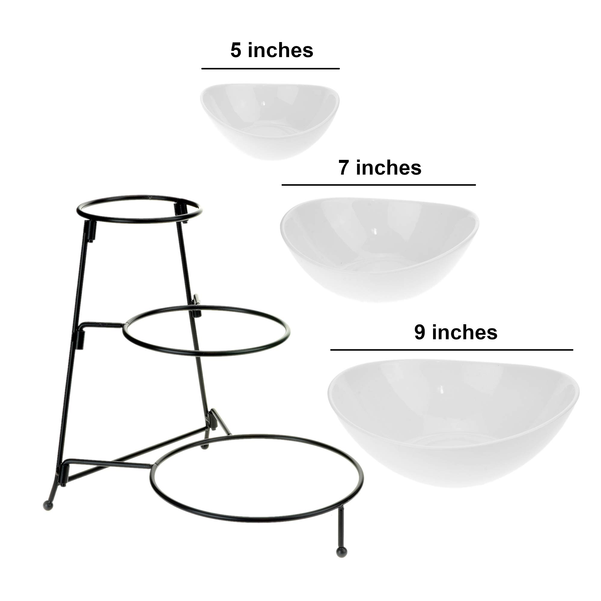 Roe & Moe 3 Tier Serving Stand Ceramic Bowl Set with Metal Rack, Tiered Bowls for Parties Candy Appetizer Dessert Fruit Cake Veggies Chips & Dip