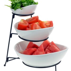 Roe & Moe 3 Tier Serving Stand Ceramic Bowl Set with Metal Rack, Tiered Bowls for Parties Candy Appetizer Dessert Fruit Cake Veggies Chips & Dip