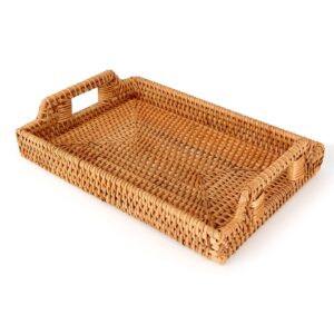 natural rattan serving tray with cut-out handles, 13x9x1.6inch hand-woven rectangular rattan wicker tray for storage breakfast, drinks, snack, fruits, coffee table, home decor