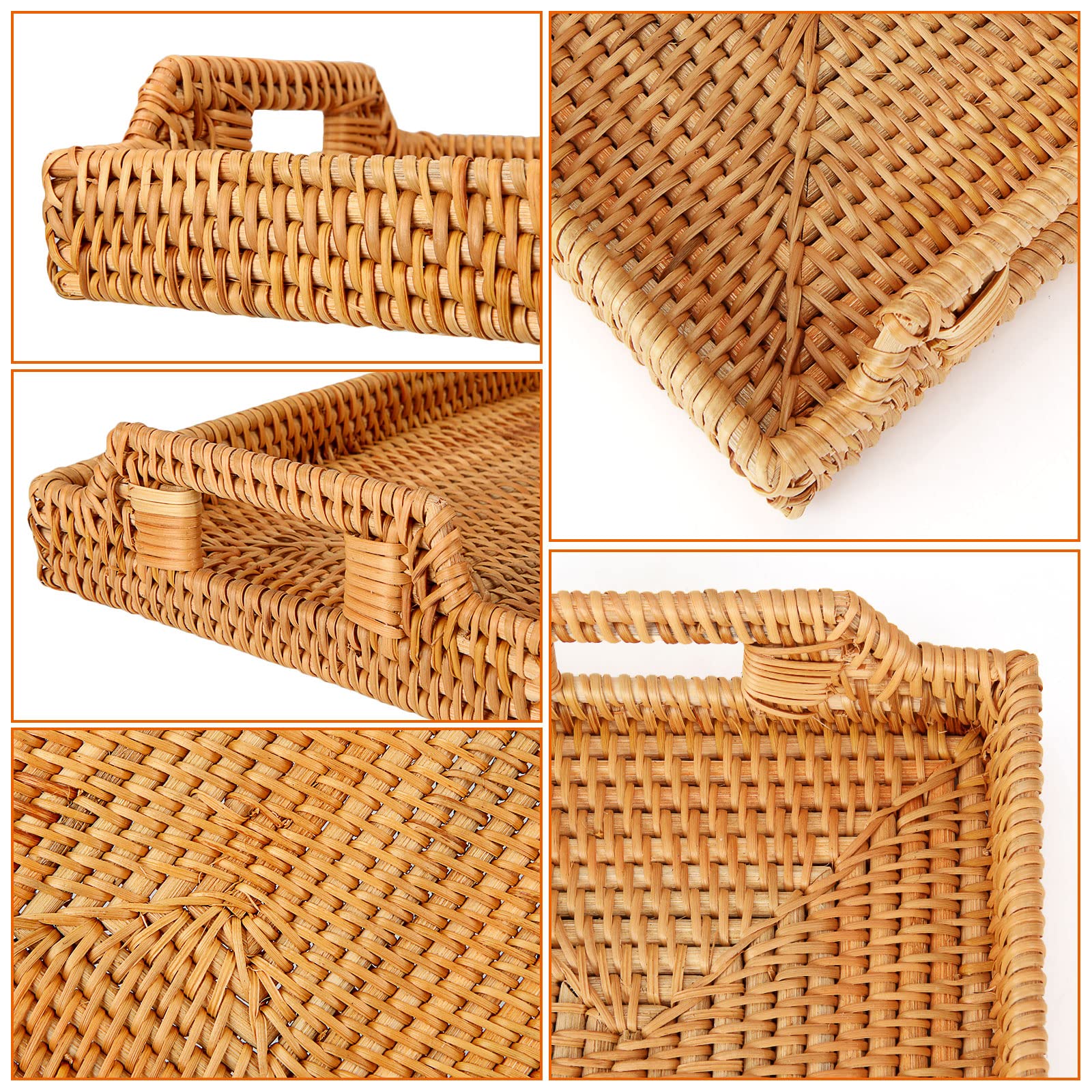 Natural Rattan Serving Tray with Cut-Out Handles, 13x9x1.6inch Hand-Woven Rectangular Rattan Wicker Tray for Storage Breakfast, Drinks, Snack, Fruits, Coffee Table, Home Decor