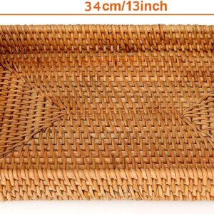 Natural Rattan Serving Tray with Cut-Out Handles, 13x9x1.6inch Hand-Woven Rectangular Rattan Wicker Tray for Storage Breakfast, Drinks, Snack, Fruits, Coffee Table, Home Decor