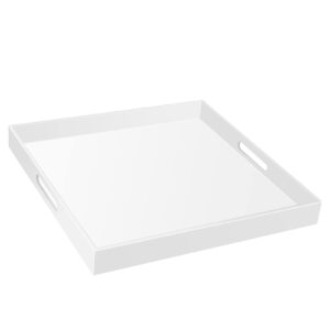 mikinee 24×24 inches glossy white acrylic serving tray with handles extra large ottoman tray decorative tray spill-proof coffee table space saver oversize counter top organizer platter with safe edge