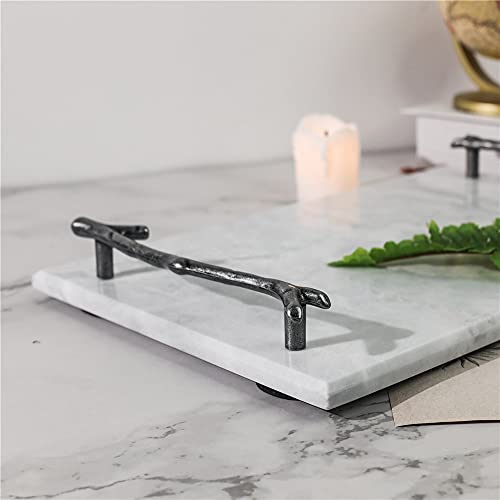 Luxury Marble Tray with Stylish Metal Handles, Vanity Tray for Jewelry Display, Marble Serving Tray, Marble Tray for Kitchen, Counter, Dresser, Nightstand and Desk (Gray with Metal Handles)