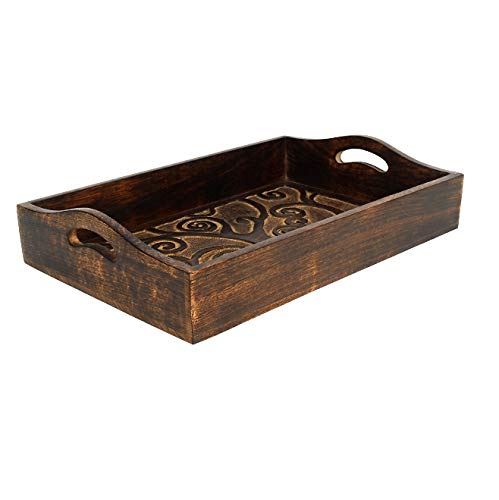 Ajuny Indian Handcrafted Rectangular Mango Wooden Decorative Serving Tray Platters with Handle Hand Carved Tree of Life Design