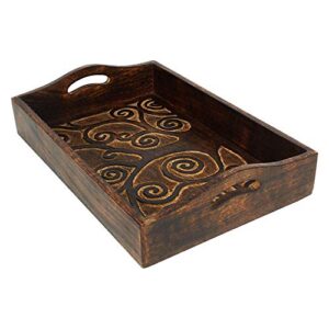 Ajuny Indian Handcrafted Rectangular Mango Wooden Decorative Serving Tray Platters with Handle Hand Carved Tree of Life Design