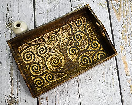 Ajuny Indian Handcrafted Rectangular Mango Wooden Decorative Serving Tray Platters with Handle Hand Carved Tree of Life Design