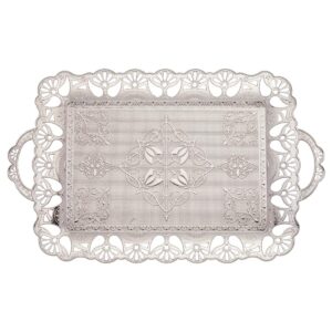 Alisveristime Handcrafted Large Turkish Ottoman Serving Tray with Floral Edges and Handles, Made from Zamac, Multi-Color Options (18.9" L x 12" W x 0.78" H) (Silver)