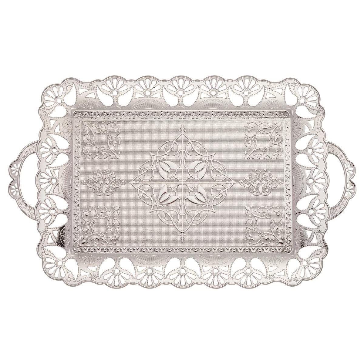 Alisveristime Handcrafted Large Turkish Ottoman Serving Tray with Floral Edges and Handles, Made from Zamac, Multi-Color Options (18.9" L x 12" W x 0.78" H) (Silver)