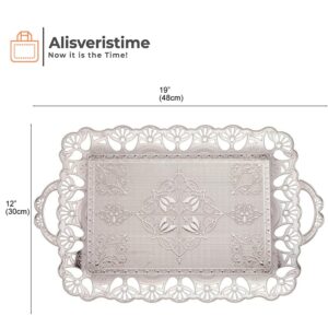 Alisveristime Handcrafted Large Turkish Ottoman Serving Tray with Floral Edges and Handles, Made from Zamac, Multi-Color Options (18.9" L x 12" W x 0.78" H) (Silver)