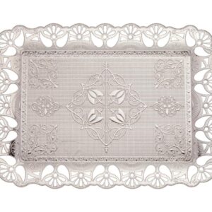 Alisveristime Handcrafted Large Turkish Ottoman Serving Tray with Floral Edges and Handles, Made from Zamac, Multi-Color Options (18.9" L x 12" W x 0.78" H) (Silver)