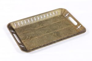 16" sturdy rectangular decorative metal tray with filigree decor in champagne gold, metal serving tray, perfume tray, vanity tray. coffee table, bathroom, dresser, centerpieces, wedding, (gold, 1)