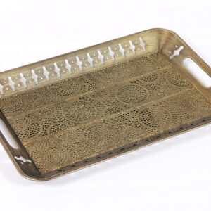 16" Sturdy Rectangular Decorative Metal Tray with Filigree Decor in Champagne Gold, Metal Serving Tray, Perfume Tray, Vanity Tray. Coffee Table, Bathroom, Dresser, Centerpieces, Wedding, (Gold, 1)