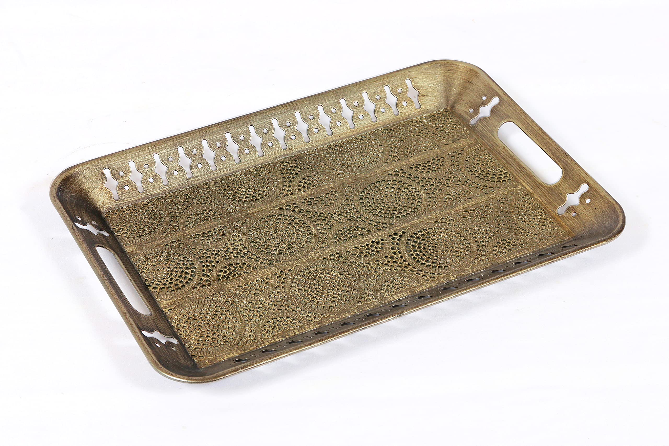 16" Sturdy Rectangular Decorative Metal Tray with Filigree Decor in Champagne Gold, Metal Serving Tray, Perfume Tray, Vanity Tray. Coffee Table, Bathroom, Dresser, Centerpieces, Wedding, (Gold, 1)