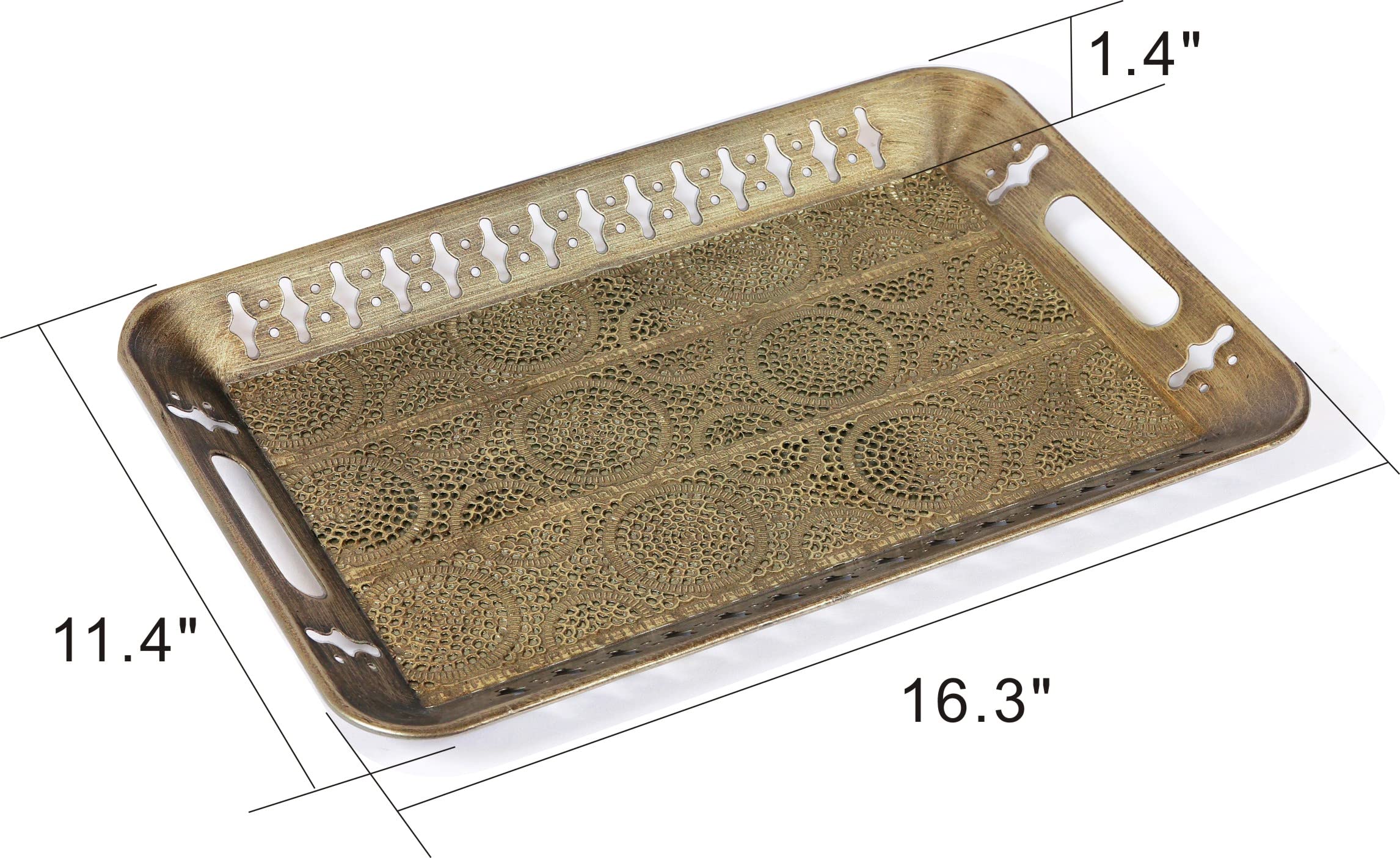 16" Sturdy Rectangular Decorative Metal Tray with Filigree Decor in Champagne Gold, Metal Serving Tray, Perfume Tray, Vanity Tray. Coffee Table, Bathroom, Dresser, Centerpieces, Wedding, (Gold, 1)