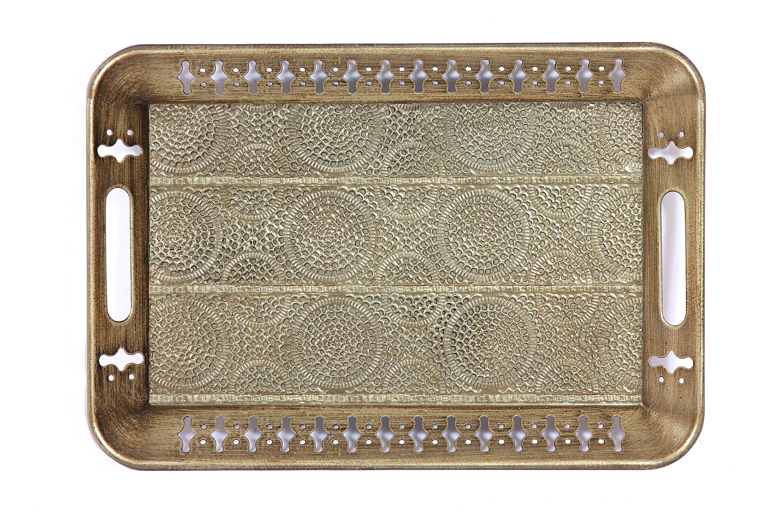 16" Sturdy Rectangular Decorative Metal Tray with Filigree Decor in Champagne Gold, Metal Serving Tray, Perfume Tray, Vanity Tray. Coffee Table, Bathroom, Dresser, Centerpieces, Wedding, (Gold, 1)