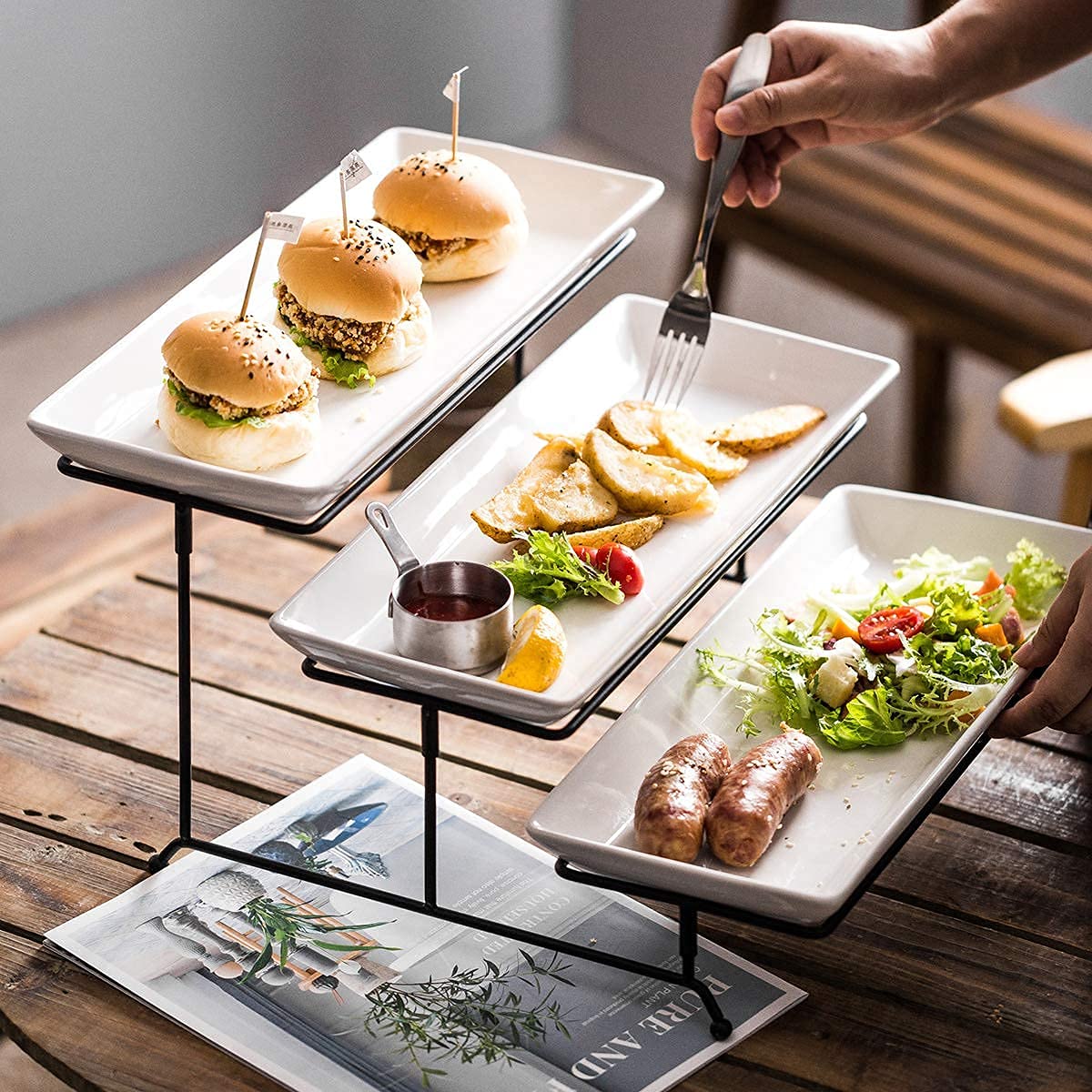 Porcelain Baking Set with Stand Tiered Serving Stand 3 Tier Buffet Server with Casserole Perfect Tray for Serving Display Large Size