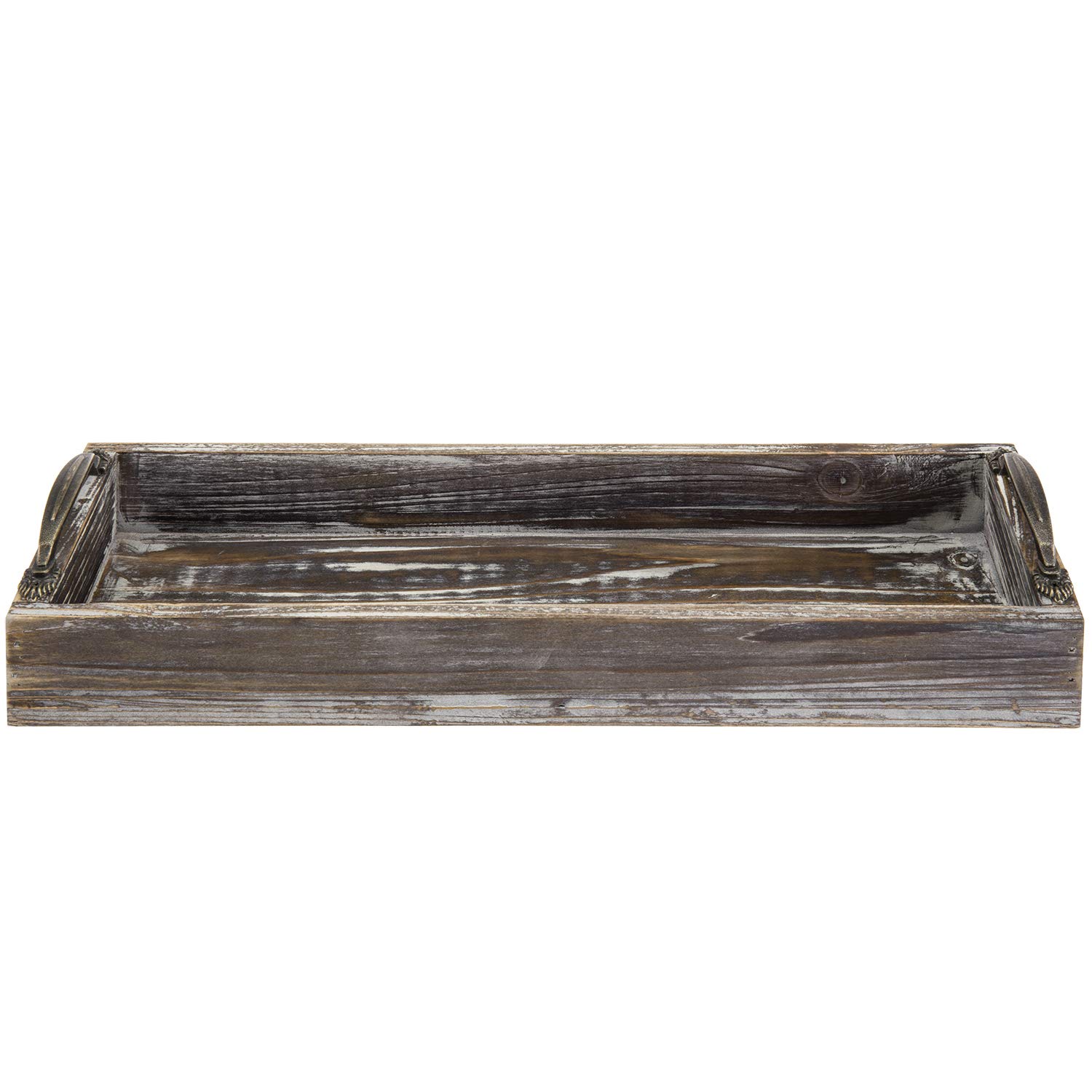 MyGift 16-inch Torched Wood Serving Tray with Decorative Antique Metal Handles | Farmhouse Decor Rectangular Butler Tray | Coffee Table/Dining Table Centerpiece Candle Holder Tray