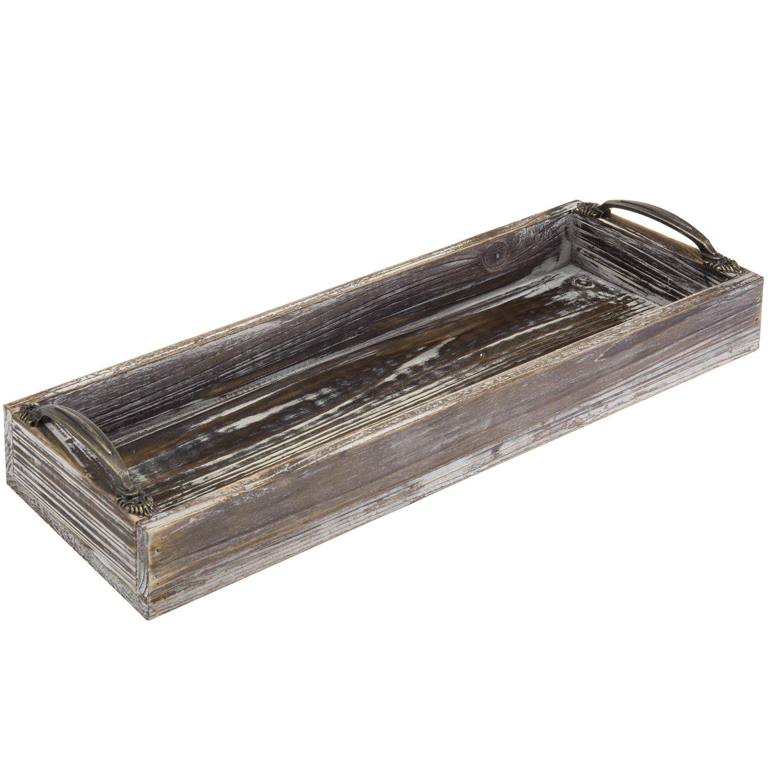 MyGift 16-inch Torched Wood Serving Tray with Decorative Antique Metal Handles | Farmhouse Decor Rectangular Butler Tray | Coffee Table/Dining Table Centerpiece Candle Holder Tray