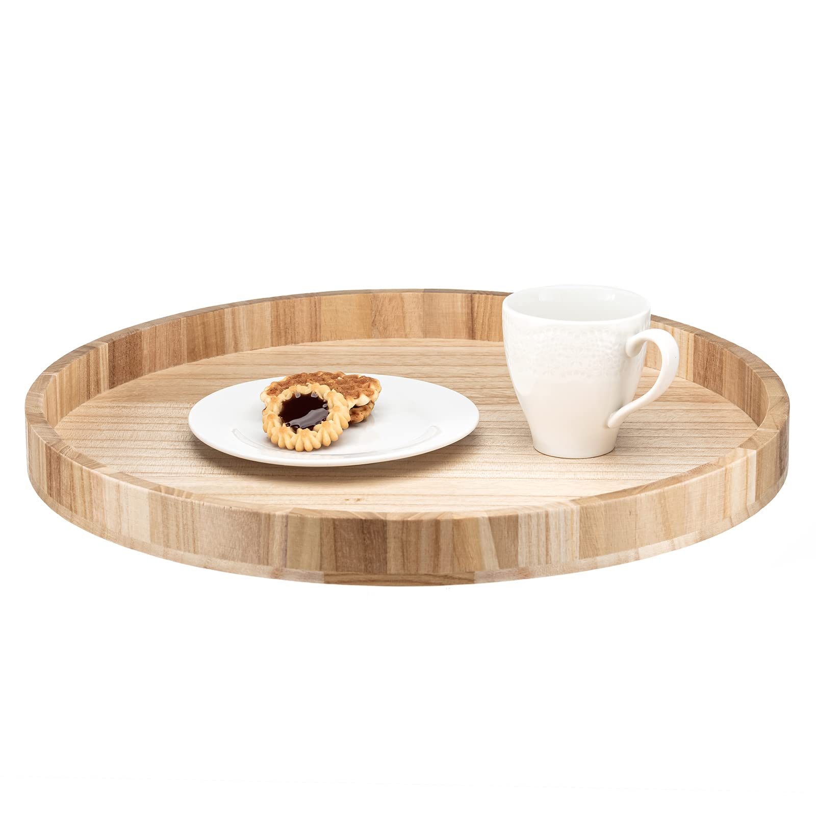 16 Inches Extra Large Solid Wooden Serving Tray Round Tea Coffee Table Tray Snack Food Meals Serving Plate Kitchen Party Bar Server Breakfast Tray with Raised Edges Nature Wood Ottoman Tray