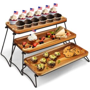 eco-friendly food platter serving tray - cupcake stand - acacia wooden towers dessert table display set - 3 tiered decor small cheese charcuterie boards rustic wood platters trays - for family parties