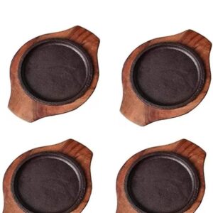 Tippan top Small Dessert Serving Plate Brownie Sizzler Tray with Wooden Base, 5 inch (4 Piece)