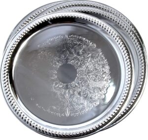 maro megastore (pack of 4 14-inch traditional round floral pattern engraved catering chrome plated serving tray mirror plate silver metal platter tableware wedding birthday (extra large) t139-14-4pk