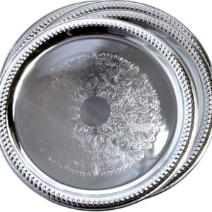 Maro Megastore (Pack of 4 14-Inch Traditional Round Floral Pattern Engraved Catering Chrome Plated Serving Tray Mirror Plate Silver Metal Platter Tableware Wedding Birthday (Extra Large) T139-14-4pk