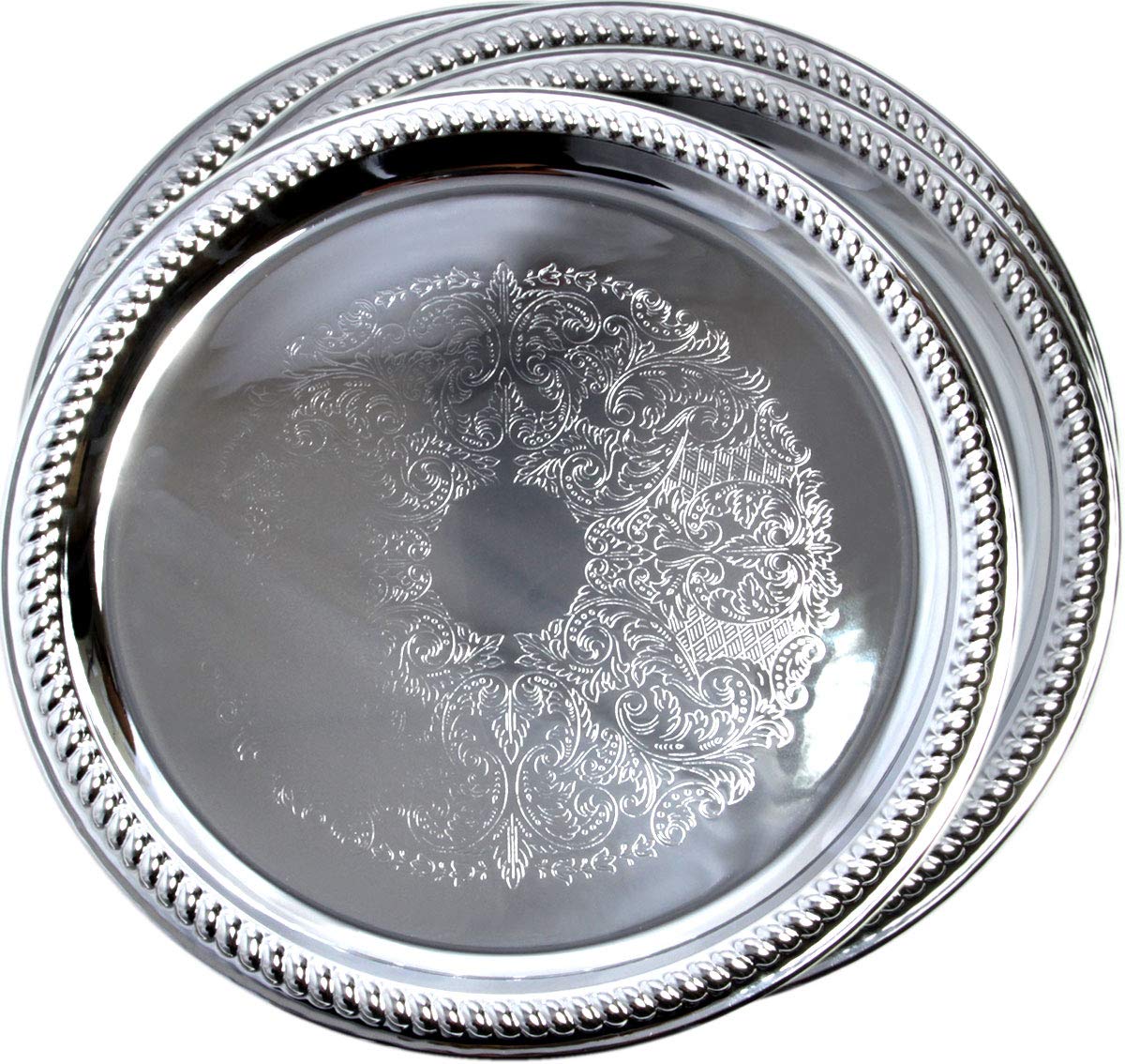 Maro Megastore (Pack of 4 14-Inch Traditional Round Floral Pattern Engraved Catering Chrome Plated Serving Tray Mirror Plate Silver Metal Platter Tableware Wedding Birthday (Extra Large) T139-14-4pk