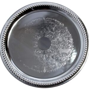 Maro Megastore (Pack of 4 14-Inch Traditional Round Floral Pattern Engraved Catering Chrome Plated Serving Tray Mirror Plate Silver Metal Platter Tableware Wedding Birthday (Extra Large) T139-14-4pk