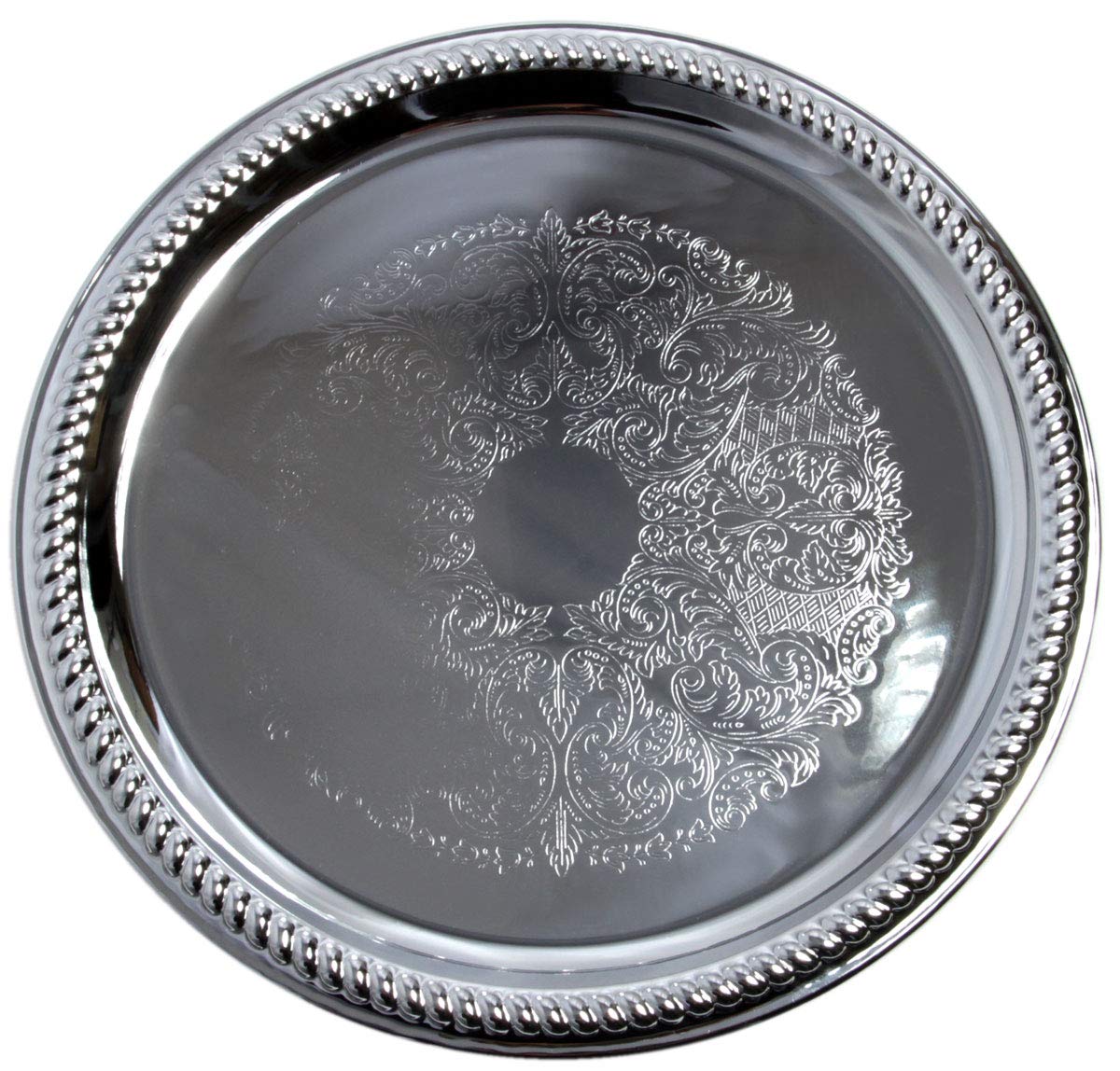 Maro Megastore (Pack of 4 14-Inch Traditional Round Floral Pattern Engraved Catering Chrome Plated Serving Tray Mirror Plate Silver Metal Platter Tableware Wedding Birthday (Extra Large) T139-14-4pk