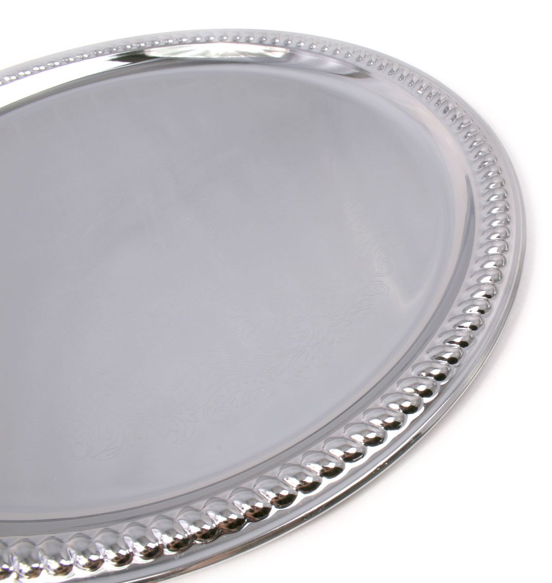 Maro Megastore (Pack of 4 14-Inch Traditional Round Floral Pattern Engraved Catering Chrome Plated Serving Tray Mirror Plate Silver Metal Platter Tableware Wedding Birthday (Extra Large) T139-14-4pk