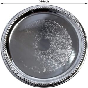 Maro Megastore (Pack of 4 14-Inch Traditional Round Floral Pattern Engraved Catering Chrome Plated Serving Tray Mirror Plate Silver Metal Platter Tableware Wedding Birthday (Extra Large) T139-14-4pk