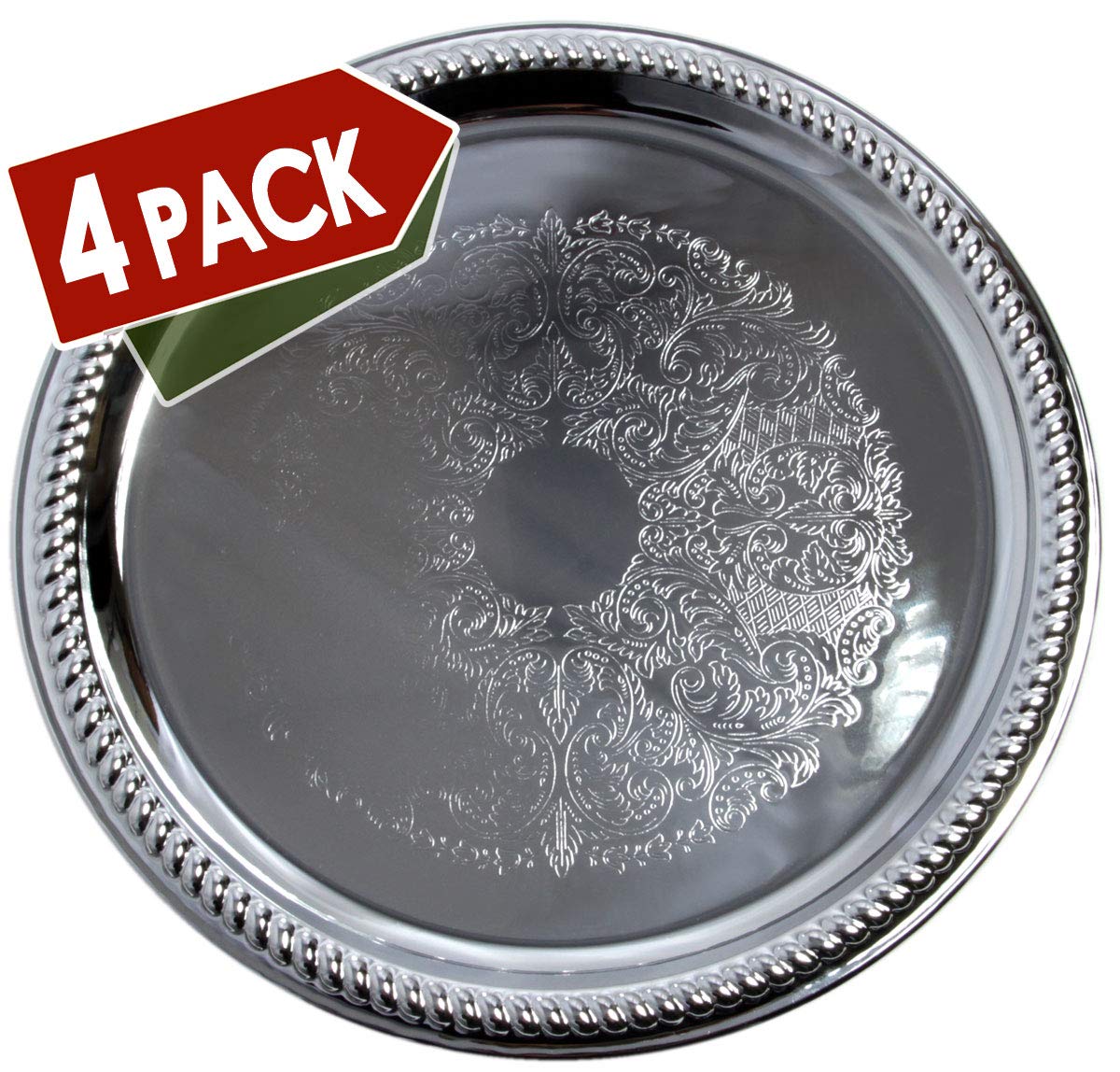 Maro Megastore (Pack of 4 14-Inch Traditional Round Floral Pattern Engraved Catering Chrome Plated Serving Tray Mirror Plate Silver Metal Platter Tableware Wedding Birthday (Extra Large) T139-14-4pk