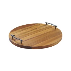 american atelier round wooden tray - natural finish metal twig designed handles coffee tea dinner party - great centerpiece & gift idea, 14.9"