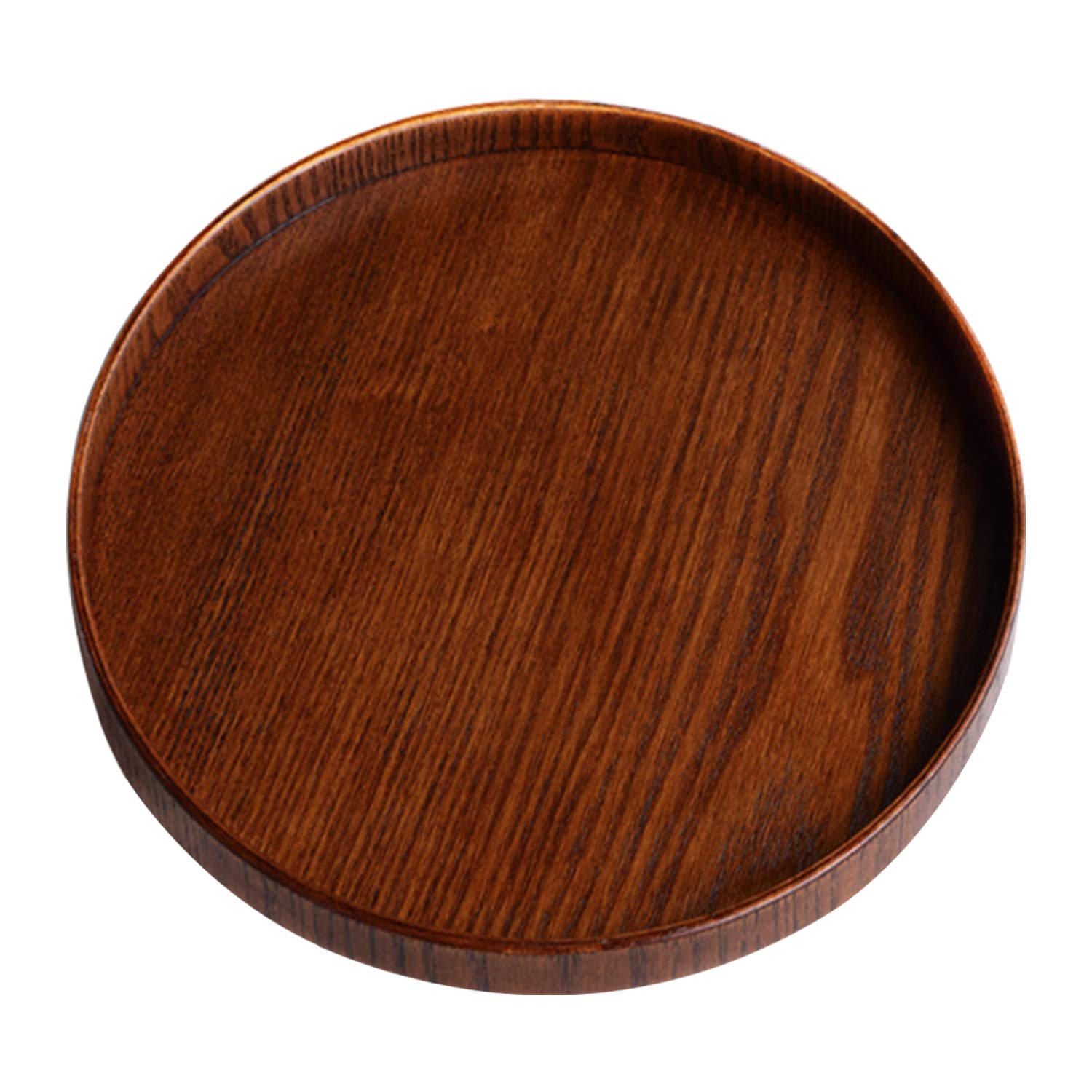 Solid Wood Serving Tray, Round Non-Slip Tea Coffee Snack Plate Food Meals Serving Tray with Raised Edges for Home Kitchen Restaurant (11.8inch, Brown)