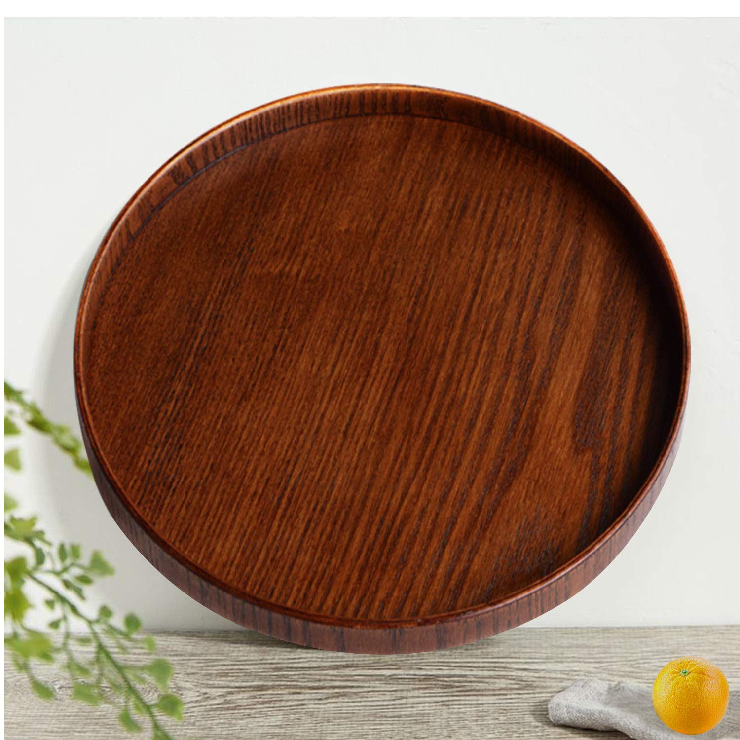 Solid Wood Serving Tray, Round Non-Slip Tea Coffee Snack Plate Food Meals Serving Tray with Raised Edges for Home Kitchen Restaurant (11.8inch, Brown)