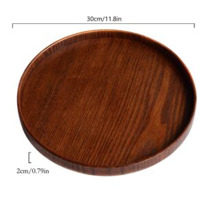 Solid Wood Serving Tray, Round Non-Slip Tea Coffee Snack Plate Food Meals Serving Tray with Raised Edges for Home Kitchen Restaurant (11.8inch, Brown)