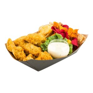 restaurantware bio tek 1 pound food boats 50 disposable paper food trays - heavy-duty greaseproof black paper food boats for snacks appetizers or treats use at parties or carnivals