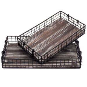 mygift black metal large serving tray, wire basket style nesting ottoman trays with burnt wood base and handles, set of 2