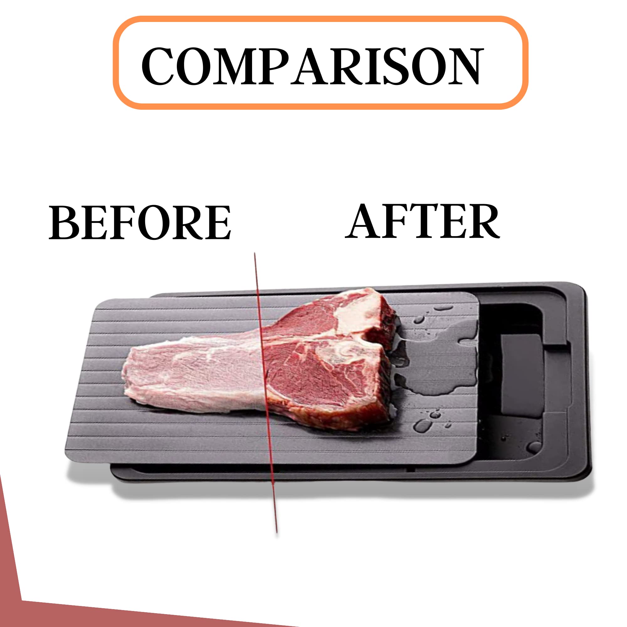 ROHGAN | Extra Thick Defrosting Tray, Thawing Plate for Frozen Meat-Chicken-Fish-Vegetables, Incl Food Tong and Meat Tenderizer, Drip Tray, Rapid Fast Food in Minutes, Large Size, Premium Quality