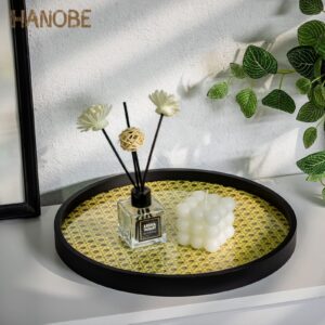 Hanobe Round Decorative Coffee Tray: Coffee Table Trays Decor Circle Rattan Tray with Black Wooden Frame for Storage & Display Serving Tray for Counter Living Room Dresser Makeups