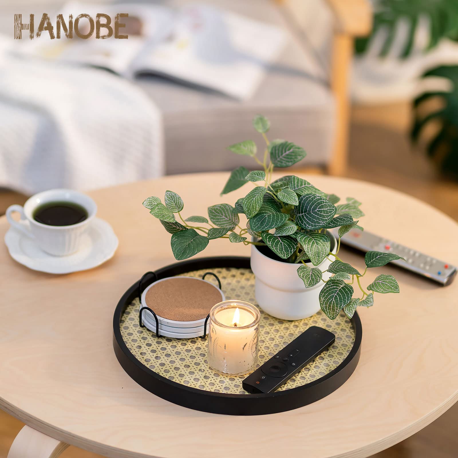 Hanobe Round Decorative Coffee Tray: Coffee Table Trays Decor Circle Rattan Tray with Black Wooden Frame for Storage & Display Serving Tray for Counter Living Room Dresser Makeups