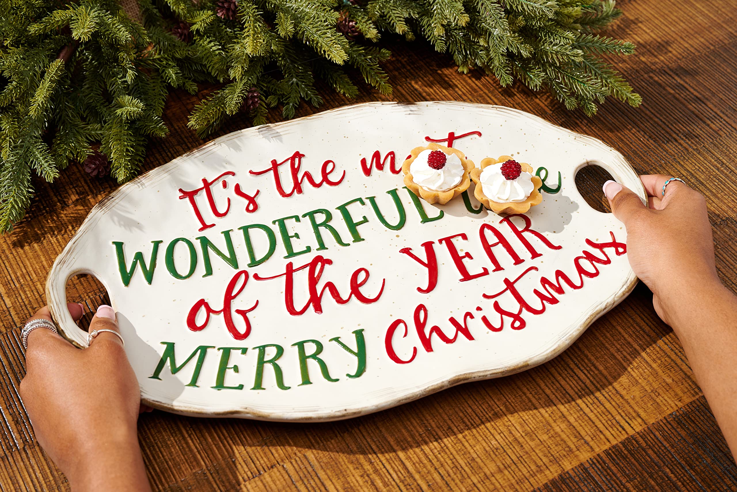 Mud Pie Farmhouse Christmas Serving Platter Set of 2, Red, 17"x10.75"