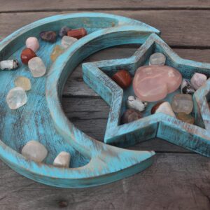 T one woods Rock Collection Tray | Wooden Crystal Display | Crystal Holder | Crystal Display Shelf | Crystal and Healing Tray | Crystal Display Tray (Sky Blue)