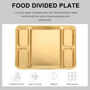 Hemoton Divided Compartment Tray Stainless Steel Divided Plate 5 Compartments Metal Lunch Tray for Home Office School Work Golden