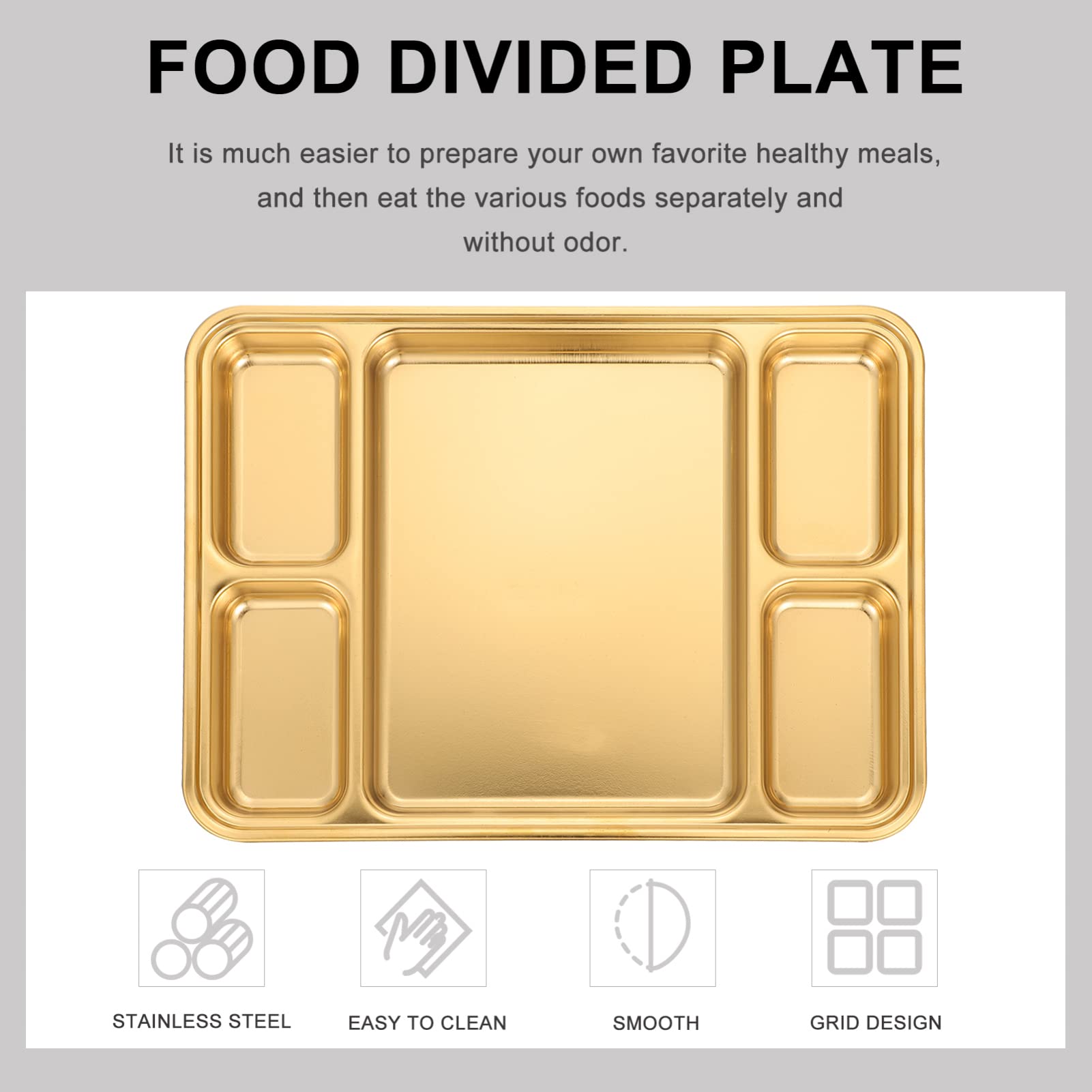 Hemoton Divided Compartment Tray Stainless Steel Divided Plate 5 Compartments Metal Lunch Tray for Home Office School Work Golden