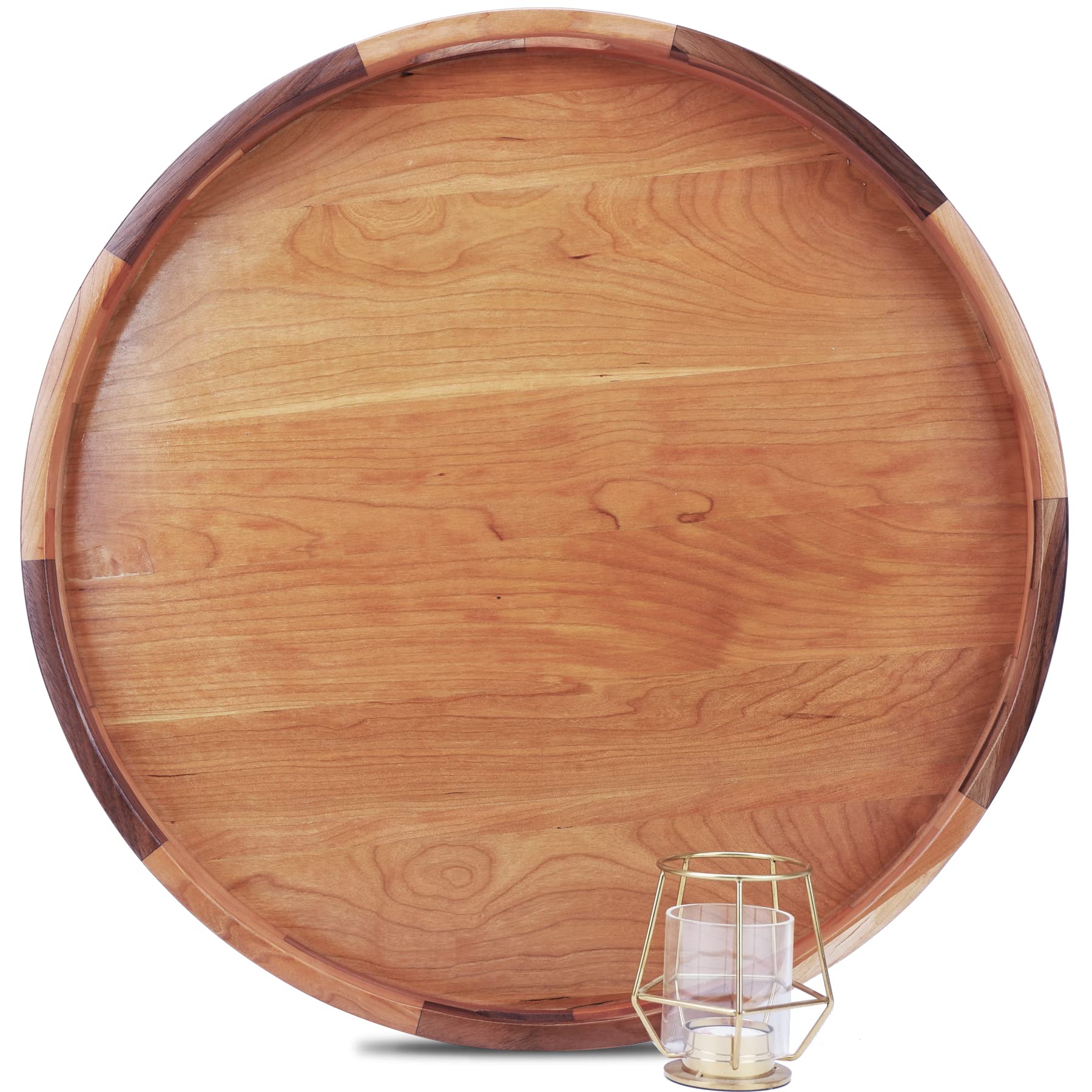 MAGIGO 20 Inches Large Round Cherry Wood Ottoman Tray with Handles, Serve Tea, Coffee or Breakfast in Bed, Classic Circular Wooden Decorative Serving Tray