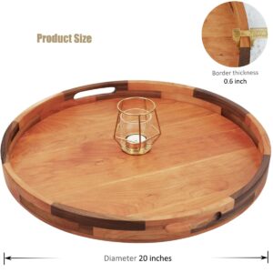 MAGIGO 20 Inches Large Round Cherry Wood Ottoman Tray with Handles, Serve Tea, Coffee or Breakfast in Bed, Classic Circular Wooden Decorative Serving Tray