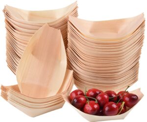 jepelus 100pcs 5" wood boat plates dishes, mini wood serving boats best for food display, health friendly wooden sushi serving tray boat, wood boat food container for restaurants take out or home