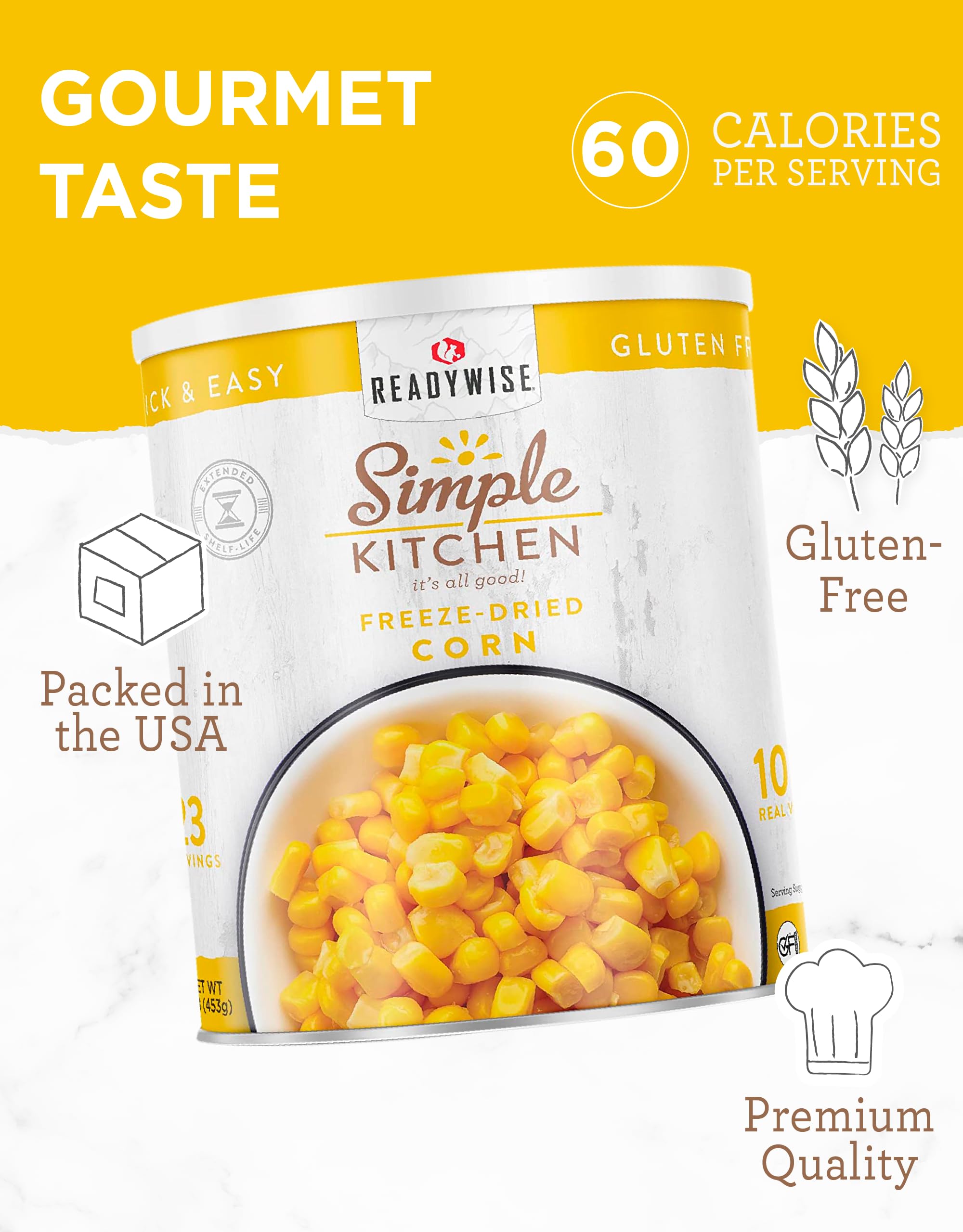 READYWISE - Simple Kitchen, Freeze-Dried Corn, 23 Servings, MRE, Emergency Food Supply, Gluten Free, Corn, Freeze Dried Corn, Freeze Dried Food, Canned Food, Camping, Survival Food, 10 Can